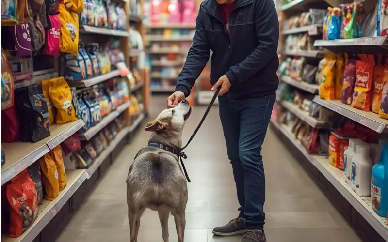 perro con su dueño en una tienda